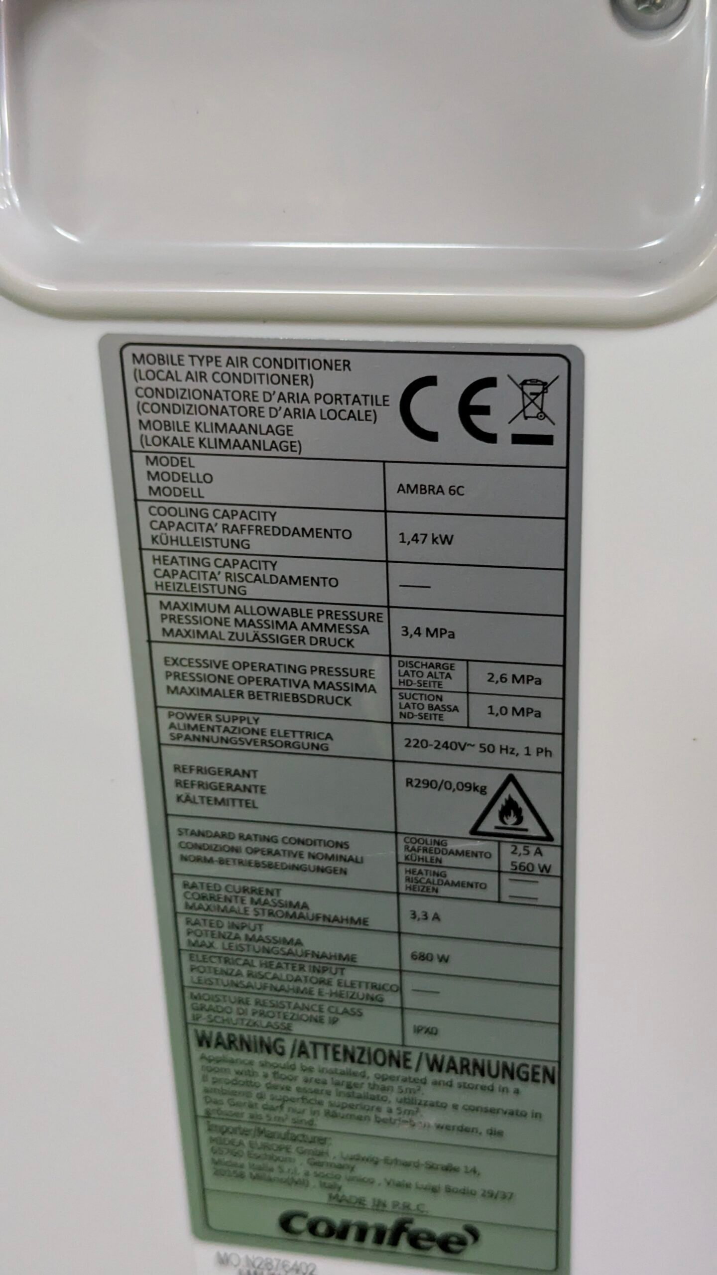 COMFEE' Aire acondicionado portátil 5000 BTU/h ámbar 6C - Oportunexa