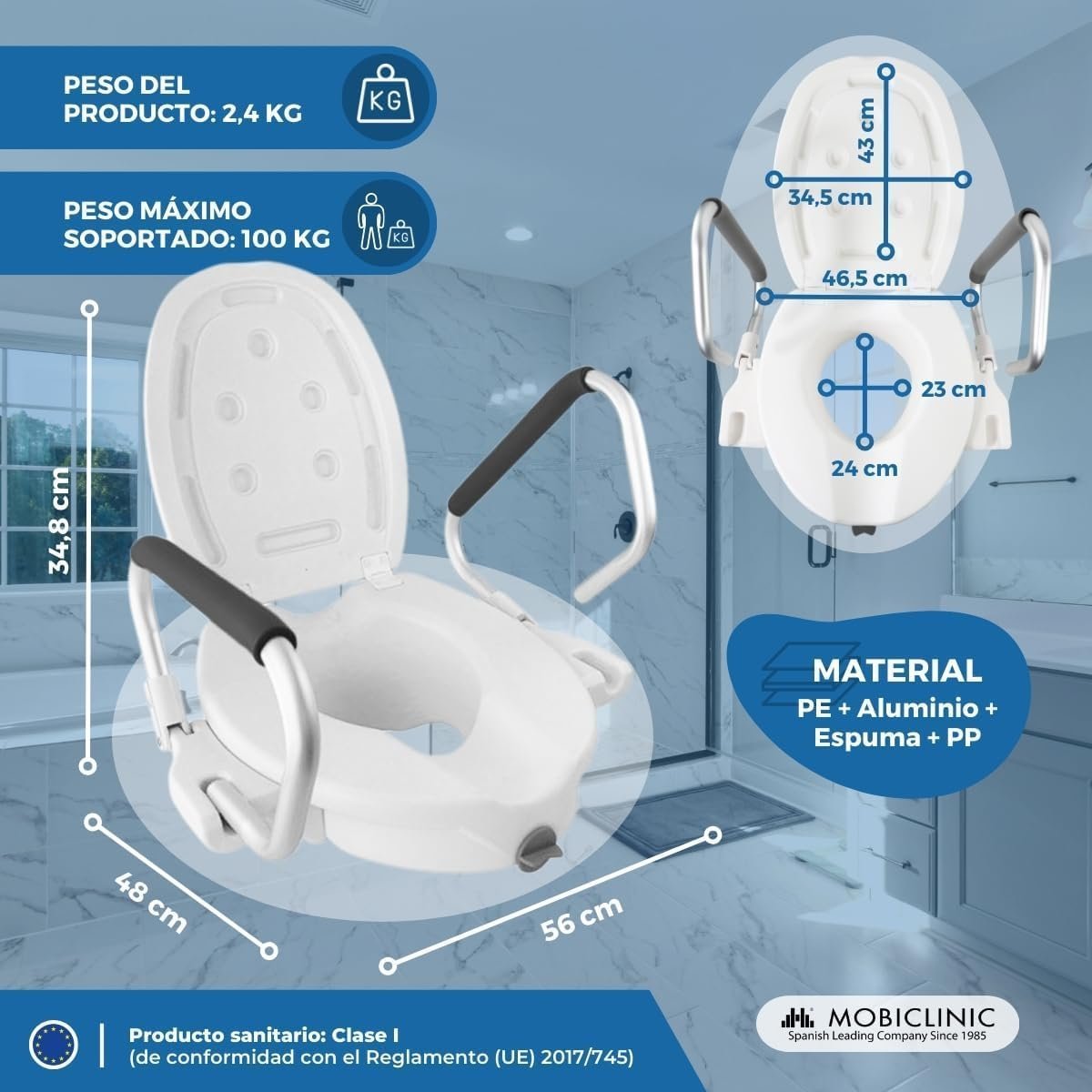 Elevador WC para Adultos, 17cm con reposabrazos abatibles y Acolchados - Oportunexa
